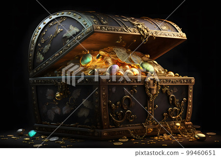 Open treasure chest filled with gold coins and expensive pirates loot on black background. Neural network AI generated art Open treasure chest filled with gold coins and expensive pirates loot on black background. Neural network AI generated art 99460651