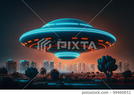 UFO object with glowing lights flying to city center on a rainy day. Neural network AI generated art UFO object with glowing lights flying to city center on a rainy day. Neural network AI generated art 99460652