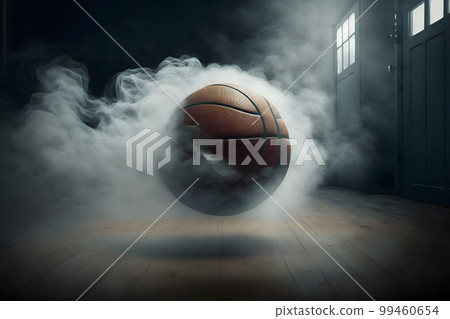 Basketball on Court Floor close up with blurred arena in background. Neural network AI generated art Basketball on Court Floor close up with blurred arena in background. Neural network AI generated art 99460654