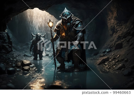 Warrior gnome in dark cave corridor with fantasy staff. Neural network AI generated art 99460663