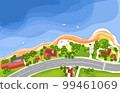 Coastline with road and houses on a bright summer day from top. Vector illustration 99461069