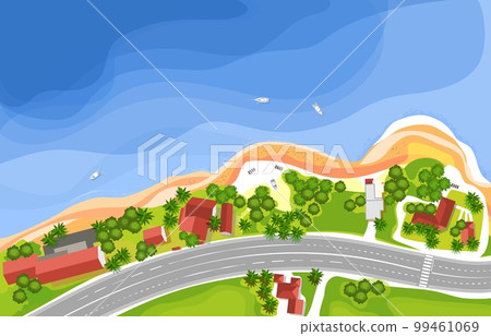 Coastline with road and houses on a bright summer day from top. Vector illustration 99461069