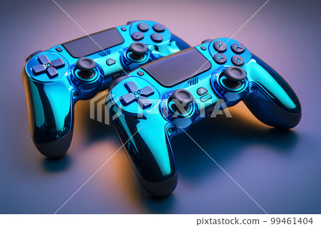 Two console gaming controllers with many buttons and glossy shiny body surface. Neural network AI generated art 99461404