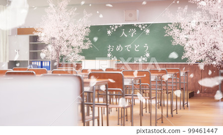 圖庫插圖: 入學典禮上黑板上的粉筆信息。櫻吹雪。 99461447
