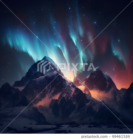 Polar lights also called northern lights or aurora borealis in northern norway mountains. Neural network AI generated art Polar lights also called northern lights or aurora borealis in northern norway mountains. Neural network AI generated art 99461589