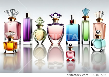Different luxury perfume bottles on white background. Neural network AI generated art Different luxury perfume bottles on white background. Neural network AI generated art 99461593