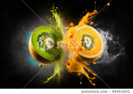 Qiwi and orange explosion splash moment on black background. Neural network AI generated art 99461601