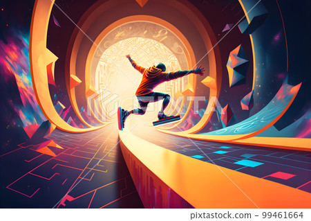 Abstract extreme sports lover performs leap into infinity with fictional skateboard or snowboard. Neural network AI generated art Abstract extreme sports lover performs leap into infinity with fictional skateboard or snowboard. Neural network AI generated art 99461664