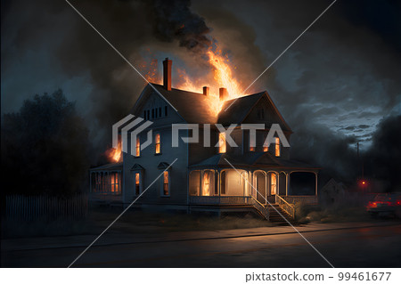 Residental building on fire accident in nighttime. Neural network AI generated art Residental building on fire accident in nighttime. Neural network AI generated art 99461677