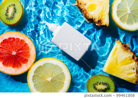 Beauty sunscreen cream tube bottle. Fruit citrus lemon, kiwi, orange, pineapple, grapefruit, lemon in water Beauty sunscreen cream tube bottle. Fruit citrus lemon, kiwi, orange, pineapple, grapefruit, lemon in water 99461808