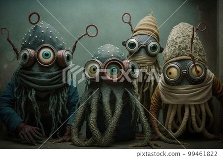 group of aliens trying to blend in with humans by wearing elaborate disguises, but their multiple eyes and tentacles are still showing illustration generative ai group of aliens trying to blend in with humans by wearing elaborate disguises, but their multiple eyes and tentacles are still showing illustration generative ai 99461822
