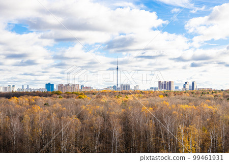 clouds in sky over autumn park and city on horizon clouds in sky over autumn park and city on horizon 99461931