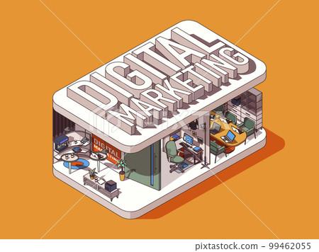 Digital marketing concept in 3d isometric graphic design. Creative agency office, advertising or promotion in social networks. Vector illustration with people in isometric room interior for web banner Digital marketing concept in 3d isometric graphic design. Creative agency office, advertising or promotion in social networks. Vector illustration with people in isometric room interior for web banner 99462055