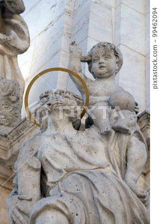 Statue of Saint Christopher, detail of Holy Trinity plague column in front of Matthias Church in Budapest, Hungary 99462094