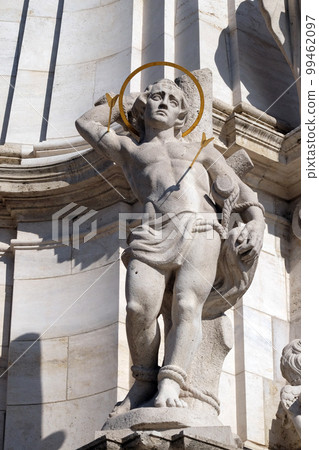 Statue of Saint Sebastian, detail of Holy Trinity plague column in front of Matthias Church in Budapest, Hungary Statue of Saint Sebastian, detail of Holy Trinity plague column in front of Matthias Church in Budapest, Hungary 99462097