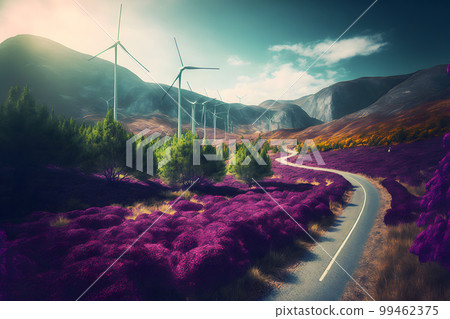 Aerial view of Lavender field with blooming purple bushes grown for cosmetic purposes. Wind turbines in the background. Neural network AI generated art Aerial view of Lavender field with blooming purple bushes grown for cosmetic purposes. Wind turbines in the background. Neural network AI generated art 99462375