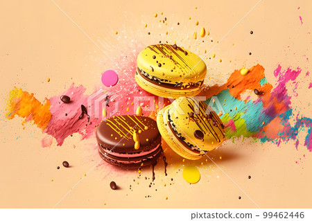 Colorful macarons with bright sugar powder explosion moment on orange background. Neural network AI generated art Colorful macarons with bright sugar powder explosion moment on orange background. Neural network AI generated art 99462446