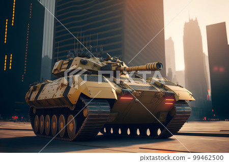 Modern futuristic battle tank with turret and cannon in city center. Neural network AI generated art 99462500
