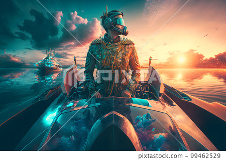 Ship captain on a modern futuristic boat transport at sea. Neural network AI generated art 99462529