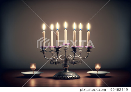 Hanukkah menorah on jewish traditional festive table. Neural network AI generated art Hanukkah menorah on jewish traditional festive table. Neural network AI generated art 99462549