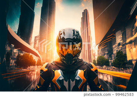 Modern futuristic fast sport bike with biker in city center. Neural network AI generated art Modern futuristic fast sport bike with biker in city center. Neural network AI generated art 99462583