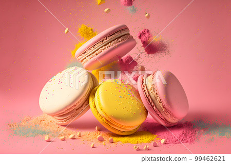 Colorful macarons with bright sugar powder explosion moment on pink background. Neural network AI generated art Colorful macarons with bright sugar powder explosion moment on pink background. Neural network AI generated art 99462621
