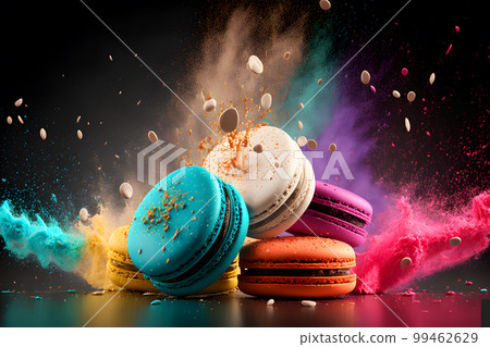 Colorful macarons with bright sugar powder explosion moment on black background. Neural network AI generated art Colorful macarons with bright sugar powder explosion moment on black background. Neural network AI generated art 99462629