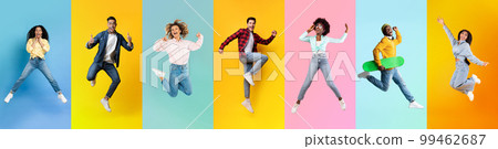 Diverse Positive Excited Young People Jumping On Colorful Backgrounds, Collage Diverse Positive Excited Young People Jumping On Colorful Backgrounds, Collage 99462687