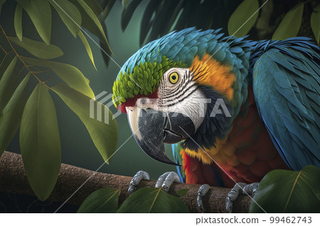 Macaw parrot sits on a branch. Generative AI. Macaw parrot sits on a branch. Generative AI. 99462743