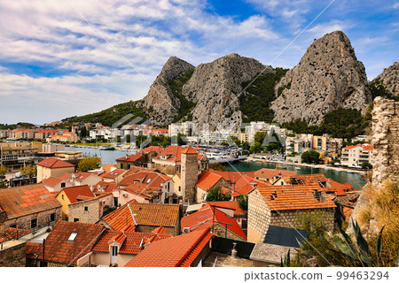 Croatia, Dalmatia, town of Omis, View of the mountains, old town, river Cetina. Croatia, Dalmatia, town of Omis, View of the mountains, old town, river Cetina. 99463294