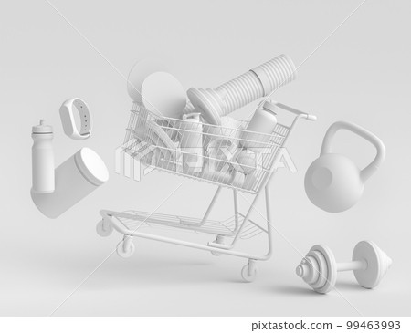 Sport equipment for fitness, gym in shopping cart on monochrome background 99463993