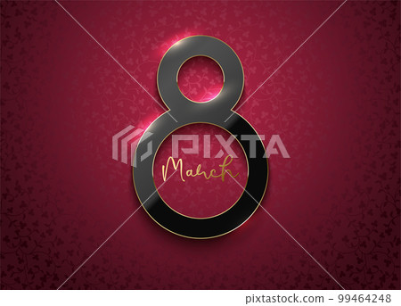 Black color 8 March luxury gold line frame on pink red floral pattern background. Women's day vector elegance design illustration. Realistic shiny luxury number frame, luxury feminine background Black color 8 March luxury gold line frame on pink red floral pattern background. Women's day vector elegance design illustration. Realistic shiny luxury number frame, luxury feminine background 99464248