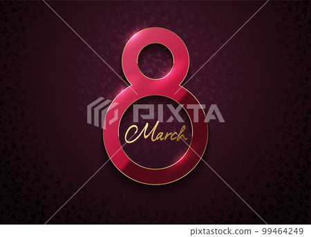 Red pink color 8 March luxury frame on burgundy floral pattern background. Women's day vector elegance design illustration. Realistic shiny luxury number frame, luxury magenta background, wallpaper 99464249