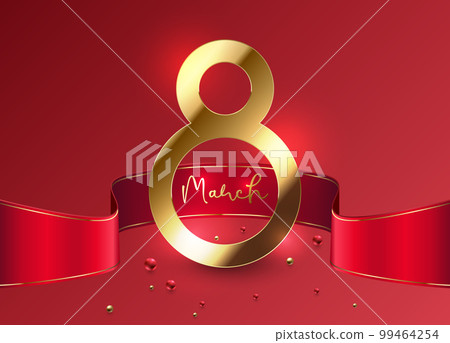 Elegant 8 March banner with gold 3d number 8 and red ribbon on red background. March gold line luxury text, red golden beads. Women's day vector stylish design illustration 99464254