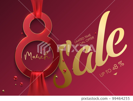 Elegant 8 March sale banner with red 3d number 8 and red ribbon on pink magenta background. Sale limited time special offer gold luxury text, bead. Women's day sale vector stylish design illustration 99464255
