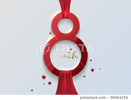 Elegant 8 March banner with red 3d number 8 and red ribbon on white background. March gold line luxury text, red golden beads. Women's day vector stylish design illustration 99464256