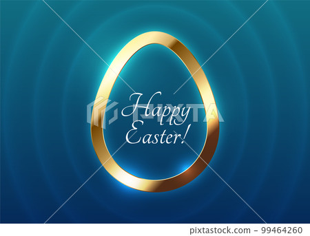Easter luxury greeting card blue 3D egg shape golden abstract frame design. Happy Easter white text. Vector design blue wave background. Luxury minimal holiday poster, greeting card, banner 99464260