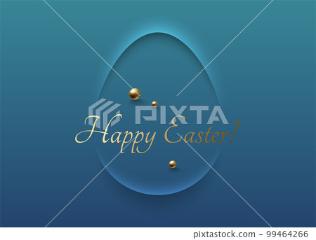 Easter greeting card pastel blue soft 3D egg shape abstract frame design. Happy Easter text with gold pearl beads. Vector design blue background. Minimal holiday poster, greeting card, banner Easter greeting card pastel blue soft 3D egg shape abstract frame design. Happy Easter text with gold pearl beads. Vector design blue background. Minimal holiday poster, greeting card, banner 99464266