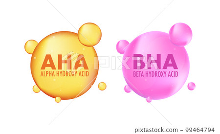 AHA and BHA. Alpha hydroxy acid and beta hydroxy acid. Dermal and beauty. Vector stock illustration. AHA and BHA. Alpha hydroxy acid and beta hydroxy acid. Dermal and beauty. Vector stock illustration. 99464794