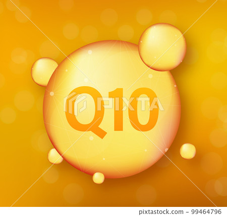 Coenzyme Q10. Gold vector oil icon. Enzyme drop pill capsule. Vector stock illustration. 99464796