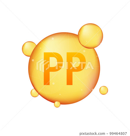 Vitamin PP gold shining icon. Ascorbic acid. Vector stock illustration 99464807