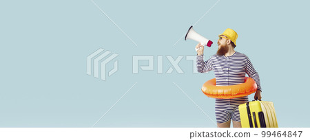 Funny man with suitcase and loudspeaker advertising ticket sale on copy space banner background Funny man with suitcase and loudspeaker advertising ticket sale on copy space banner background 99464847