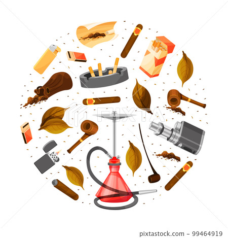 Tobacco Products Round Composition Design with Cigar and Smoking Pipe Vector Template 99464919