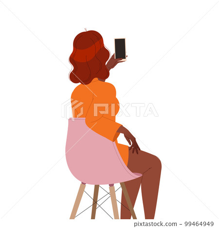 Woman Character Sitting on Chair with Smartphone Back View Working in Coworking Space Vector Illustration 99464949