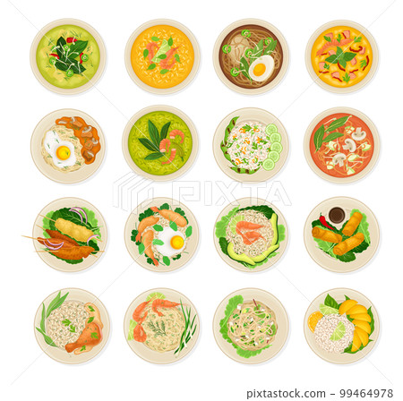 Thai Dishes and Food Served on Plate Above View Big Vector Set 99464978