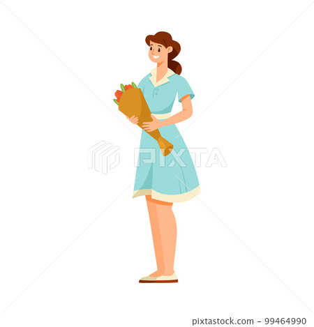 Woman Teacher Character Standing with Bouquet of Flowers Vector Illustration 99464990