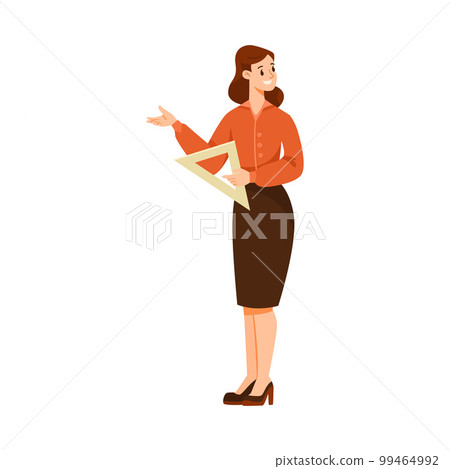 Woman Teacher Character Standing with Triangle Ruler and Explaining Something Vector Illustration 99464992