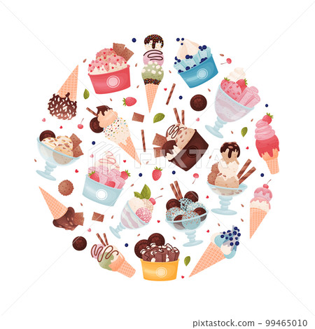 Tasty Ice Cream Round Composition Design with Frozen Dessert in Waffle Cone and Cup Vector Template Tasty Ice Cream Round Composition Design with Frozen Dessert in Waffle Cone and Cup Vector Template 99465010