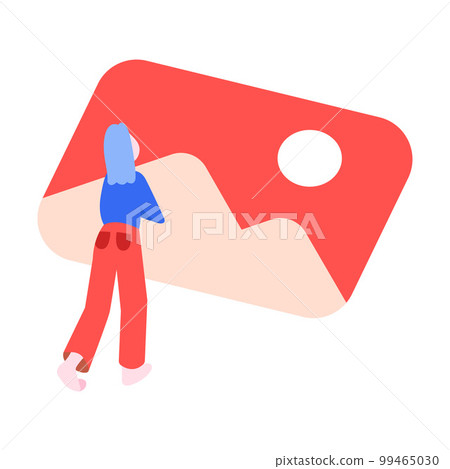 Tiny Woman Character Holding Huge Picture File Vector Illustration 99465030
