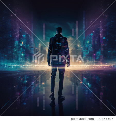 Professional business man walking on future network city. Illustration Generative AI Professional business man walking on future network city. Illustration Generative AI 99465307